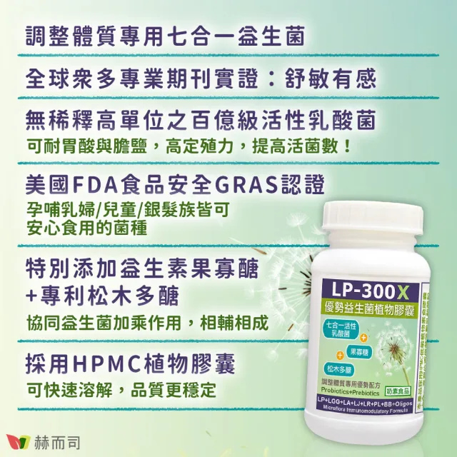 【赫而司】LP-300X優勢益生菌2罐(共120顆調整體質活性乳酸菌七益菌/兒童益生菌+益生素果寡醣素食膠囊)