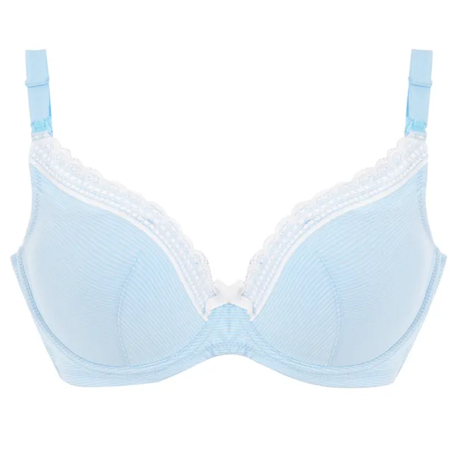 【Gennies 奇妮】哺乳內衣褲成套 咖啡紗軟鋼圈內衣 中腰內褲(孕婦內衣 上開扣 孕婦內褲 條紋藍 A37B35)