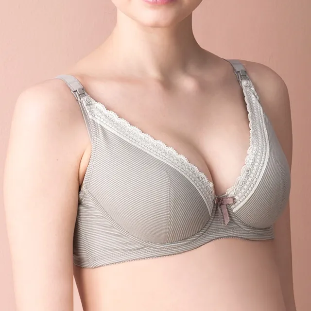 【Gennies 奇妮】哺乳內衣褲成套 咖啡紗軟鋼圈內衣 中腰內褲(孕婦內衣 上開扣 孕婦內褲 條紋灰 A37B35)