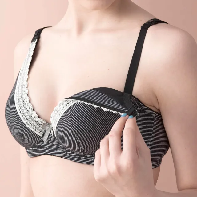 【Gennies 奇妮】哺乳內衣 咖啡紗軟鋼圈內衣 深V(條紋黑)