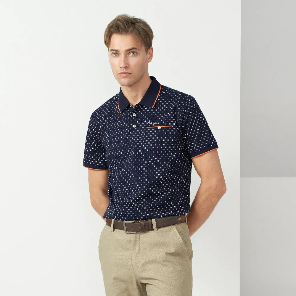 【pierre cardin 皮爾卡登】休閒服飾 男款 純絲光棉印花短袖POLO衫-深藍色(5237216-38)