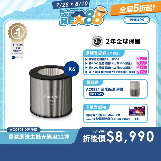 【Philips 飛利浦】零元入手AC0921★六年份濾網組★奈米級勁護濾網(FY0900/30)6入組★適用12坪(AC0921)