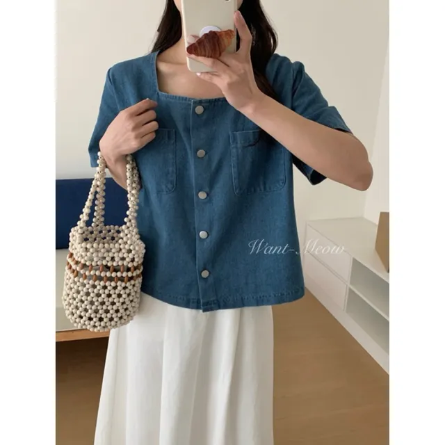 【Want-Meow】95公斤可穿/簡約方領顯瘦銅釦牛仔上衣大學T襯衫短袖T(大碼上衣/大碼/大尺碼/短袖上衣)
