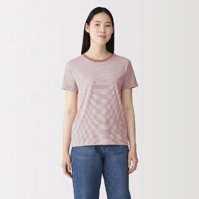 【MUJI 無印良品】女天竺圓領短袖T恤(白色/黑色/磚紅/淺黃/薰衣草紫/黑橫紋/黑紋樣/粉紅紋樣/灰棕紋樣)