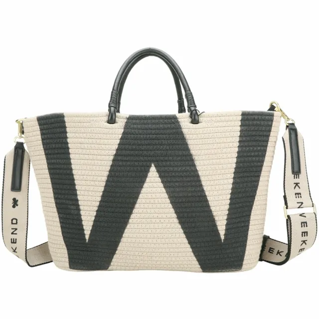 【MaxMara】父親節送禮精選 Weekend Raid W字帆布編織肩背托特包(附萬用包/黑色 手提包)