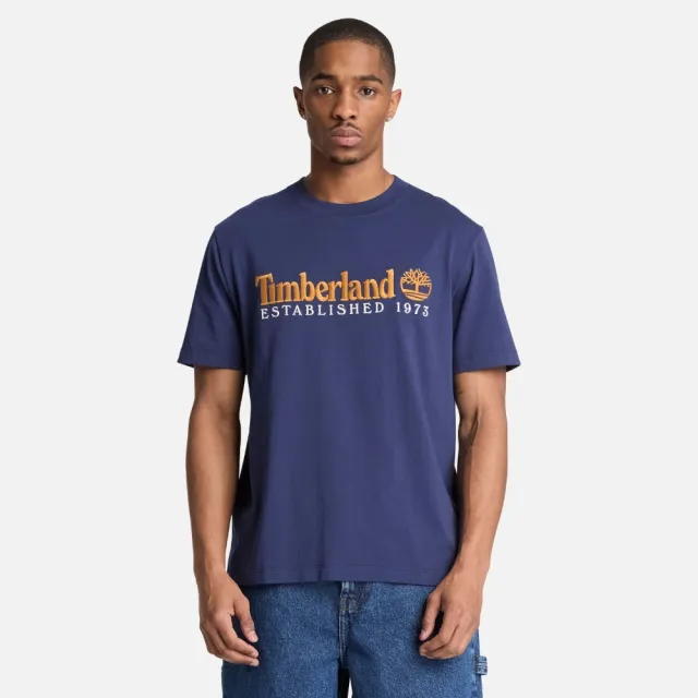 【Timberland】男款海軍藍刺繡LOGO短袖T恤(A5TUUAIH)