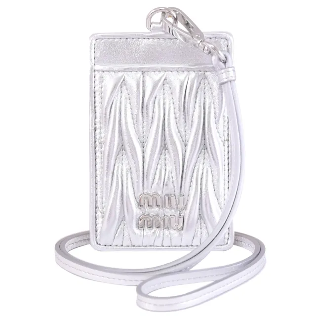 【MIU MIU】Matelasse 經典LOGO抓皺納帕羊皮頸掛卡片證件夾(銀)