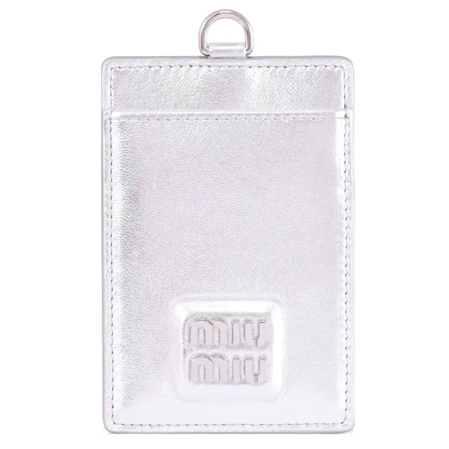 【MIU MIU】簡約金屬LOGO納帕皮革頸掛信用卡卡片證件夾(銀)