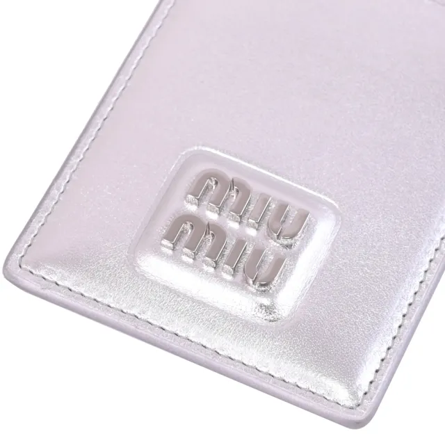 【MIU MIU】簡約金屬LOGO納帕皮革頸掛信用卡卡片證件夾(銀)