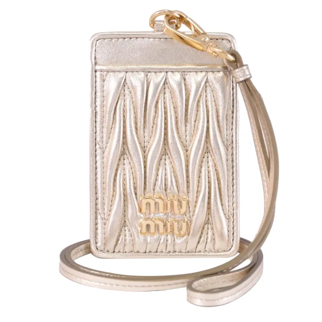 【MIU MIU】Matelasse 經典LOGO抓皺納帕羊皮頸掛卡片證件夾(金)