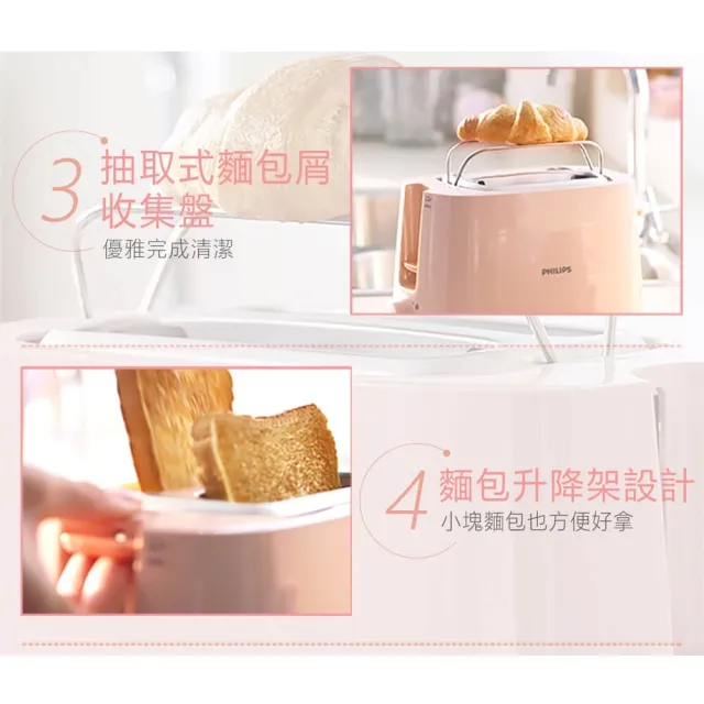 【Philips 飛利浦】電子式智慧型烤麵包機/瑰蜜粉_HD2584/52