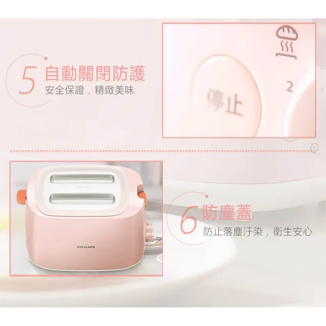 【Philips 飛利浦】電子式智慧型烤麵包機/瑰蜜粉_HD2584/52
