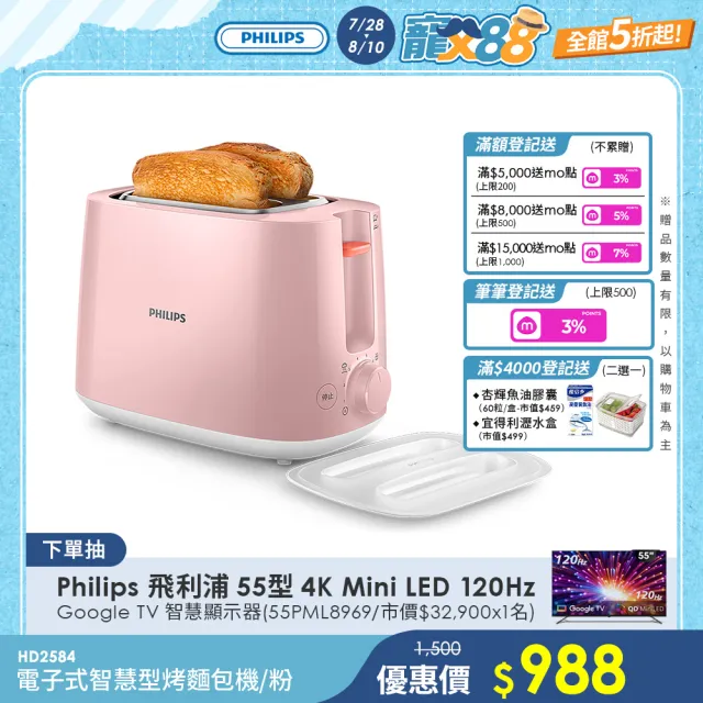 【Philips 飛利浦】電子式智慧型烤麵包機/瑰蜜粉_HD2584/52