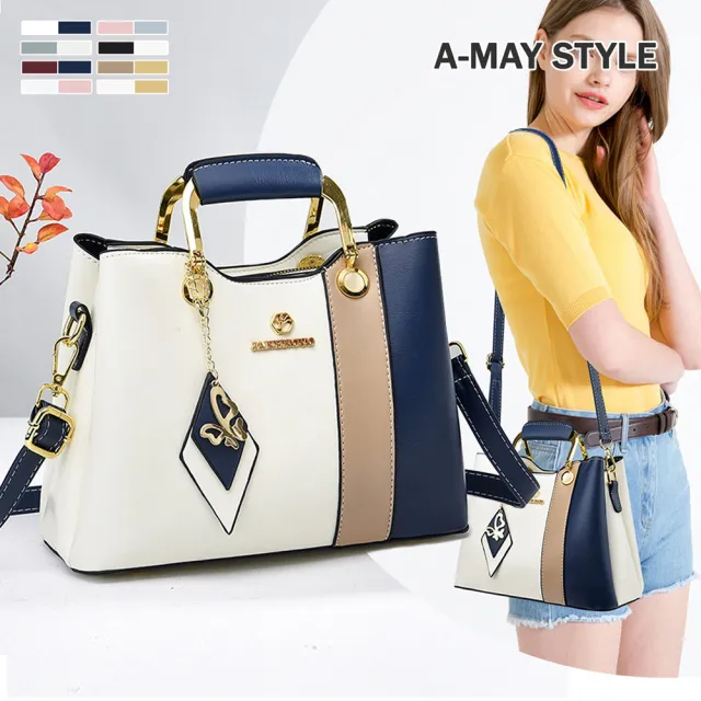 【Amay Style 艾美時尚】女包 斜背包 俐落撞色感蝴蝶墜飾手提側肩背包 (8色.預購)