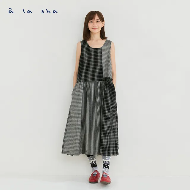 【a la sha】俏皮格子拼接背心洋裝