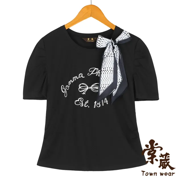 【TOWN’WEAR 棠葳】歐風絲巾蝴蝶結上衣(女上衣/女上著/t-shirt/印花/休閒/百搭/短袖)