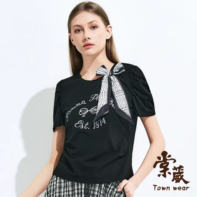 【TOWN’WEAR 棠葳】歐風絲巾蝴蝶結上衣(女上衣/女上著/t-shirt/印花/休閒/百搭/短袖)