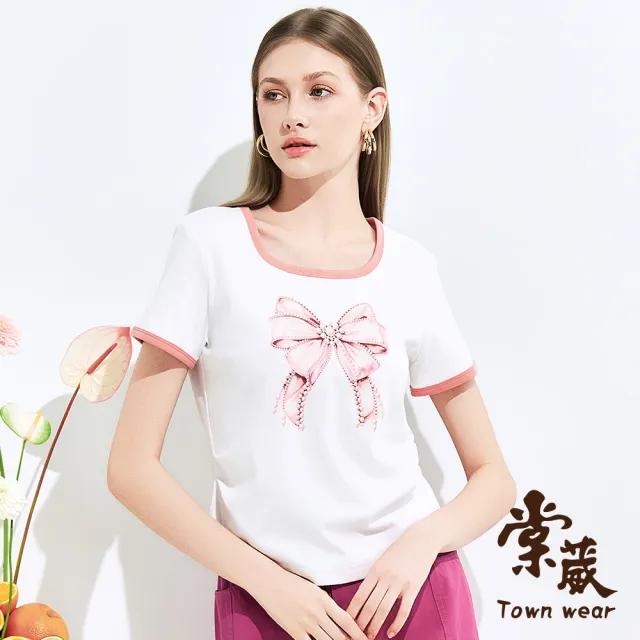 【TOWN’WEAR 棠葳】柔雅珍珠蝴蝶結印圖上衣(女上衣/女上著/短袖/拼接/休閒/t恤)