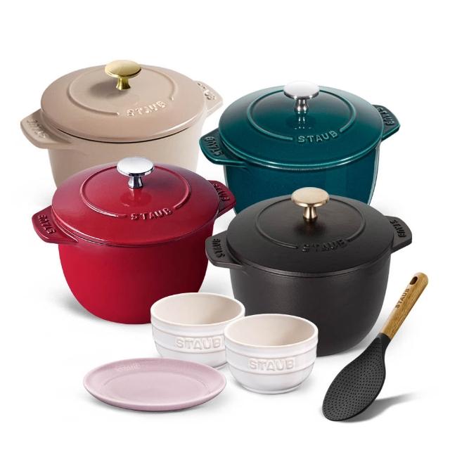 【STAUB】琺瑯鑄鐵鍋飯鍋16cm+矽膠飯匙+陶瓷碗盤3件(德國雙人牌集團官方直營)