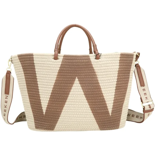 【MaxMara】父親節送禮精選 Weekend Raid W字帆布編織肩背托特包(附萬用包/棕色)(手提包)