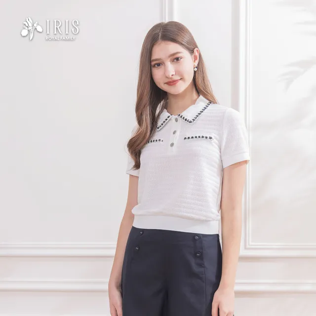 【IRIS 艾莉詩】質感坑條針織POLO上衣-淺米白(52924)