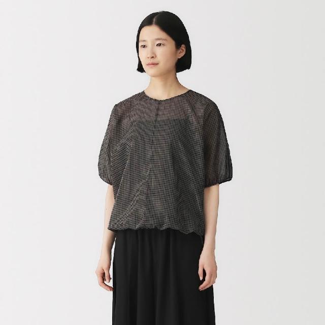 【MUJI 無印良品】女強撚透膚短袖套衫(黑色/淺灰/棕格紋)