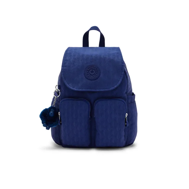 【KIPLING】『猴子包』深藍紋理掀蓋多袋收納後背包-CITY POCKET MINI 女包