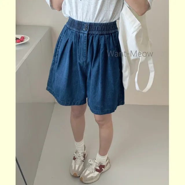 【Want-Meow】70公斤可穿/鬆緊腰雙釦設計打褶顯瘦A字牛仔闊腿短褲(大碼/大尺碼/加大碼/短褲)