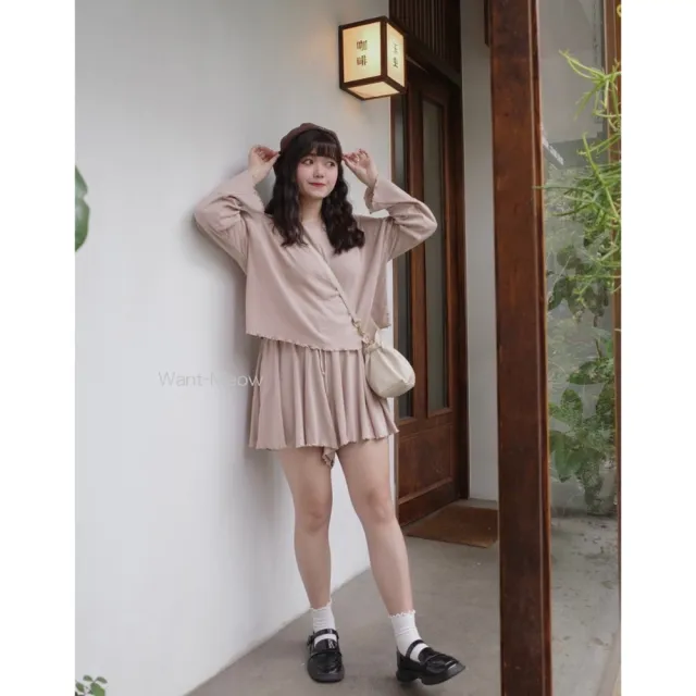 【Want-Meow】90公斤可穿/２件組兩件套裝長袖顯瘦螺紋捲邊上衣+褲裙套裝(大碼上衣/大碼/大尺碼/套裝)