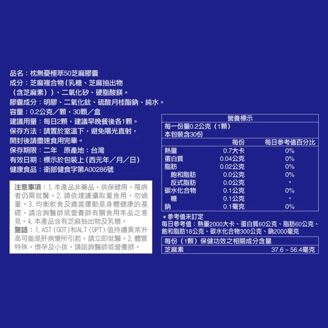 【健康力】枕無憂極萃50芝麻膠囊30顆x4盒_共120顆(芝麻素 幫助入睡 護肝認證 高純度)