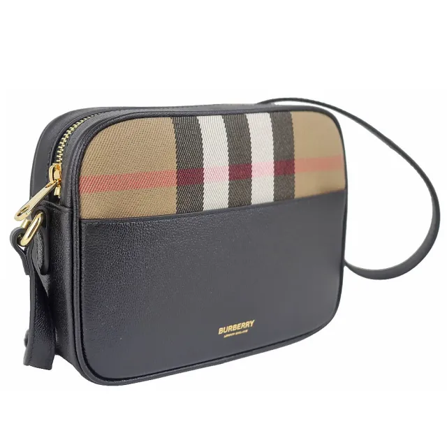【BURBERRY 巴寶莉】蘇格蘭格紋帆布皮革壓印拉鍊相機斜背包(卡其黑/小)