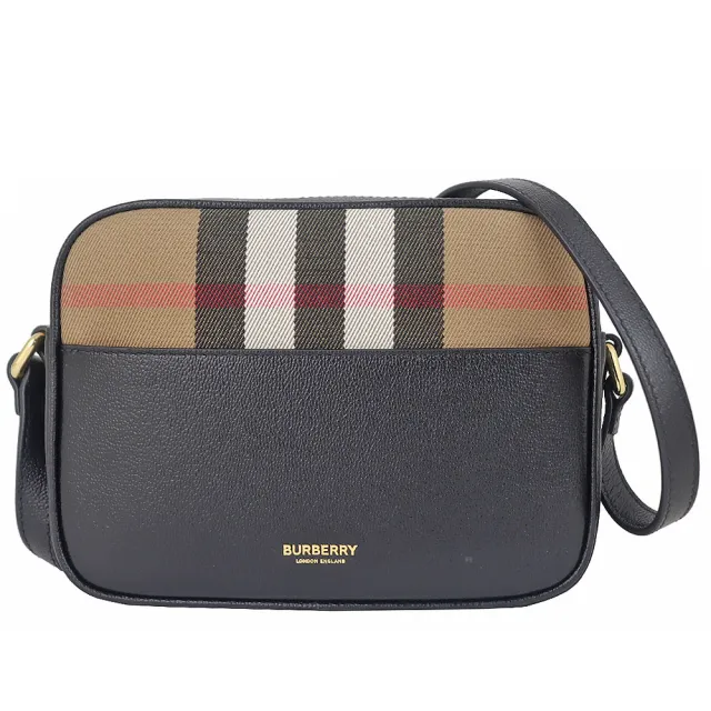 【BURBERRY 巴寶莉】蘇格蘭格紋帆布皮革壓印拉鍊相機斜背包(卡其黑/小)