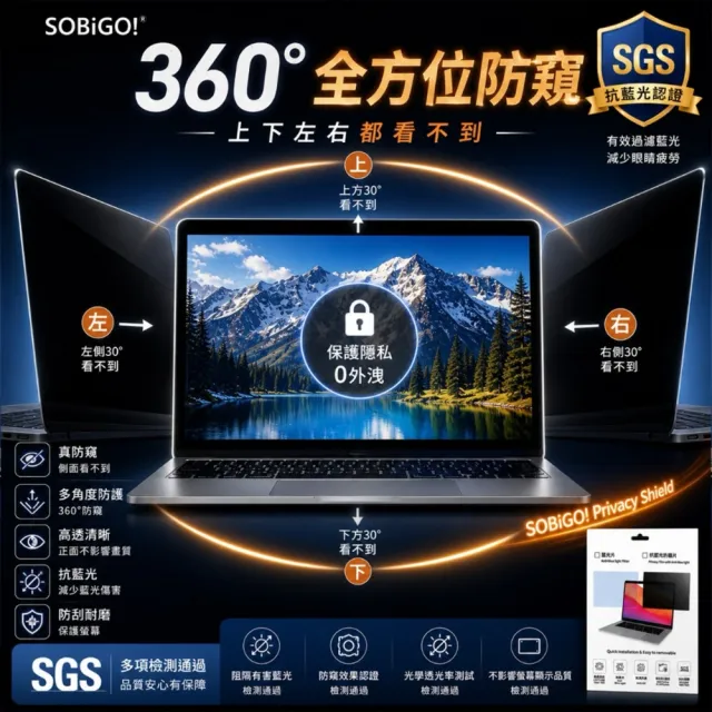 【SOBiGO】15.6吋 360度抗藍光防窺片(四向防窺) 台灣SGS