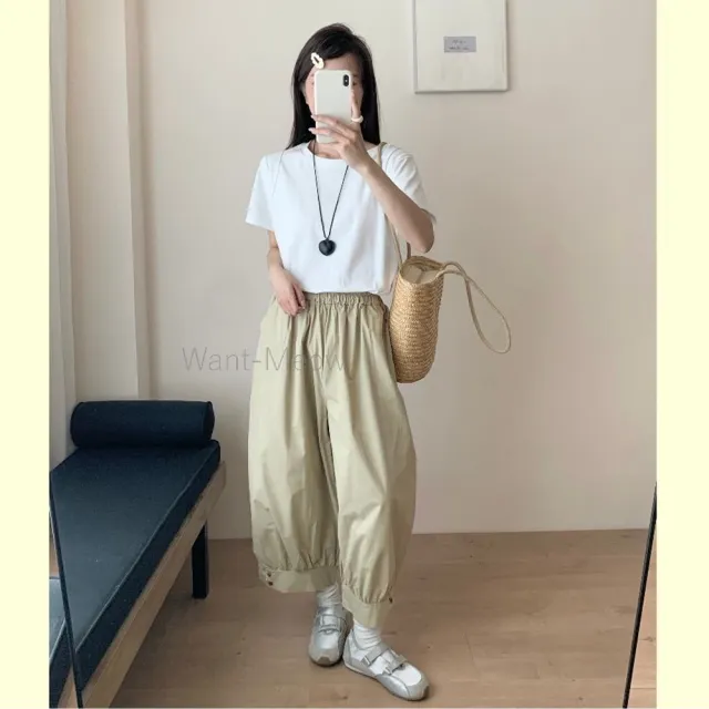 【Want-Meow】90公斤可穿/獨家款日系小個子可體版藏肉高腰鬆緊腰頭哈倫褲長褲(大碼/大尺碼/加大碼/哈倫褲)