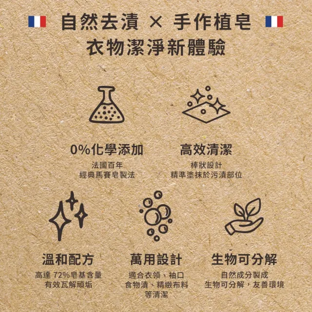 【Fer a Cheval 法拉夏】去汙皂 300g(72%植物油皂基 衣領、袖口、嬰幼兒衣物、貼身 無添加香料)