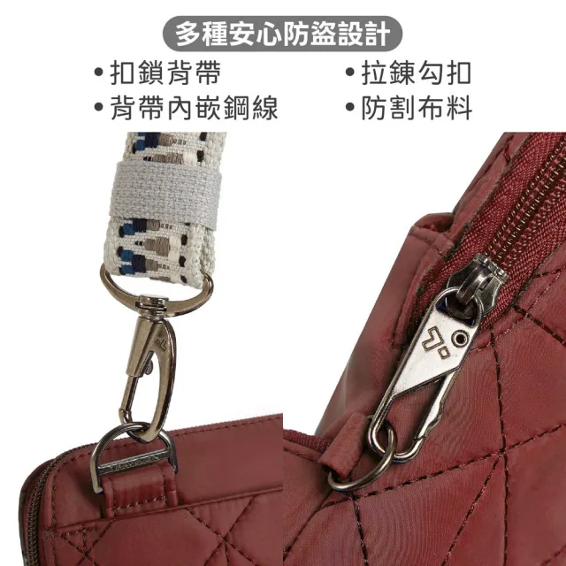 【Travelon】美國 Boho 4層防盜斜背包 格紋紅 / RFID側背包 斜背包 背帶包 防割防搶
