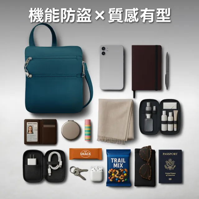 【Travelon】美國 Classic 4層防盜斜背包 水鴨綠 / RFID斜背包 側背包 背帶包 防割防搶