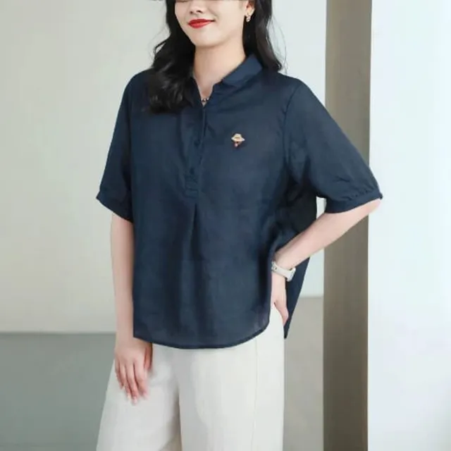 【MU YI YANG 慕衣洋】刺繡POLO領寬鬆上衣