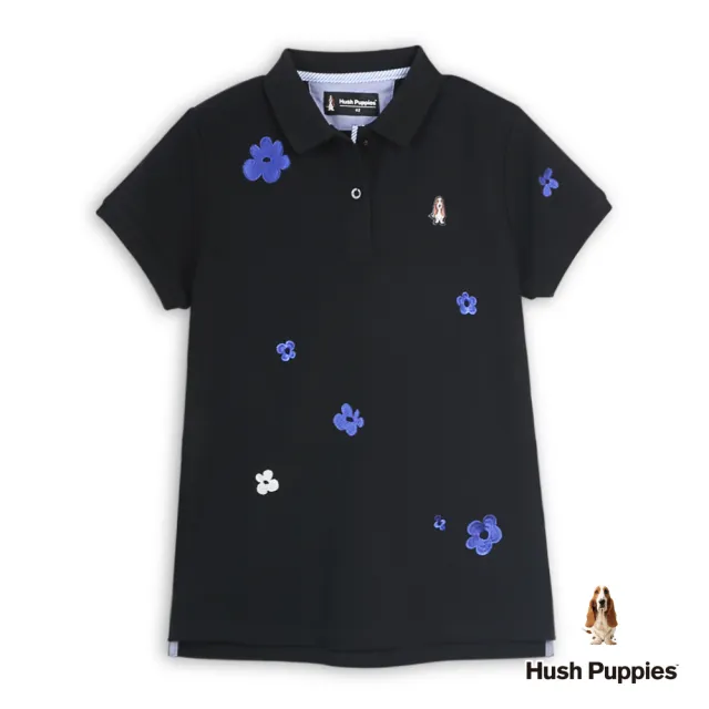 【Hush Puppies】女裝 POLO衫 配色刺繡花朵POLO衫 (黑色 / 64201102)