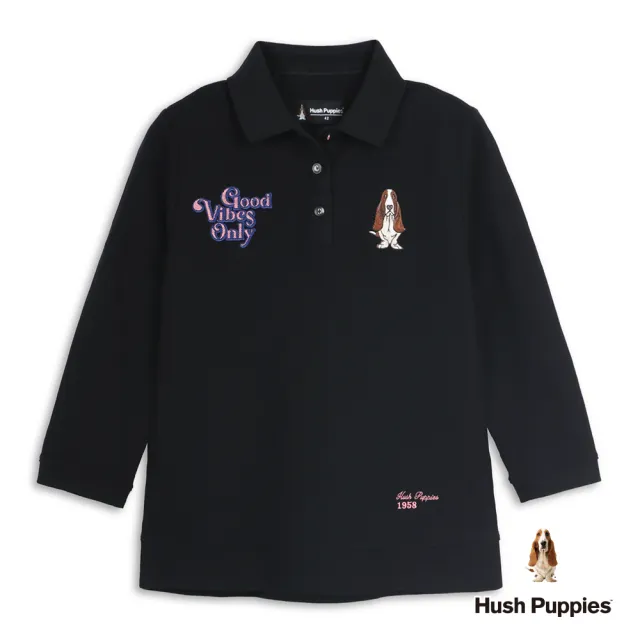 【Hush Puppies】女裝 POLO衫 造型文字刺繡狗七分袖POLO衫 (黑色 / 64201103)