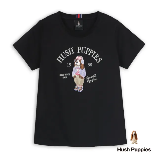 【Hush Puppies】女裝 T恤 棒球帽狗刺繡T恤 (黑色 / 64211101)