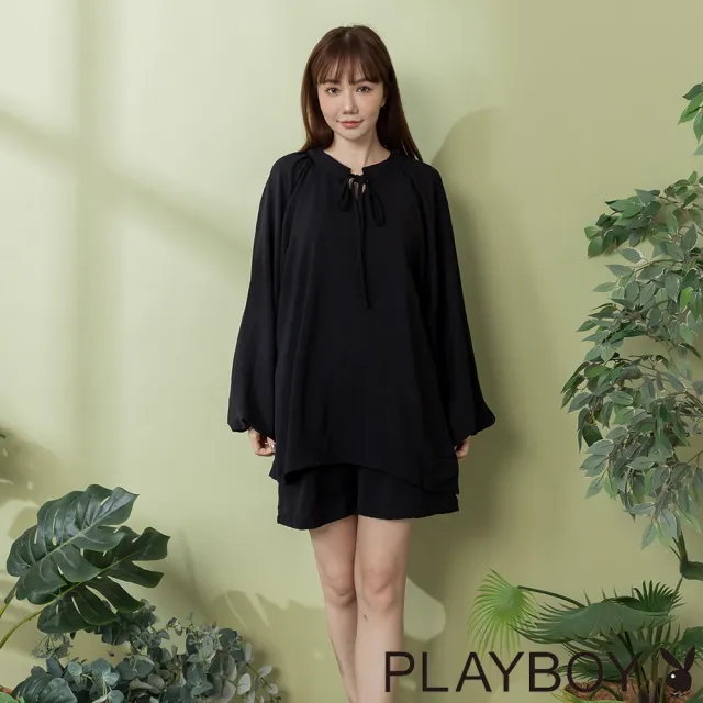 【PLAYBOY】雪紡綁帶V領套裝上衣 - 黑色