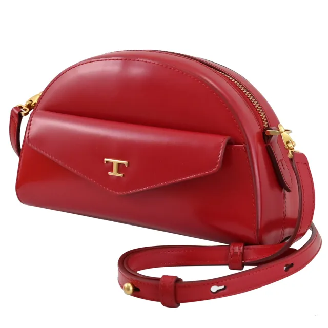 【TOD’S】TODS 金屬T字LOGO小牛皮半月造型迷你小包手拿包斜背包(紅)
