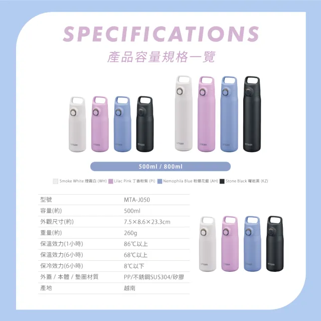 【TIGER 虎牌】momo獨家 買1送1 彈蓋雙層不鏽鋼保溫瓶 500ml(MTA-J050輕量手提保溫杯)