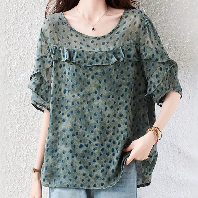 【麗質達人】5531綠色波點雪紡上衣-AA (L-5XL)
