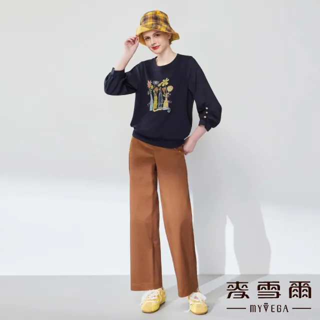 【MYVEGA 麥雪爾】異材質拼接燙鑽印花上衣-深藍