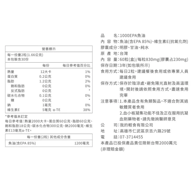 【營養師輕食】1000EPA魚油 5入組(一入60顆 高濃度 純EPA魚油 超臨界魚油 rTG 型態)