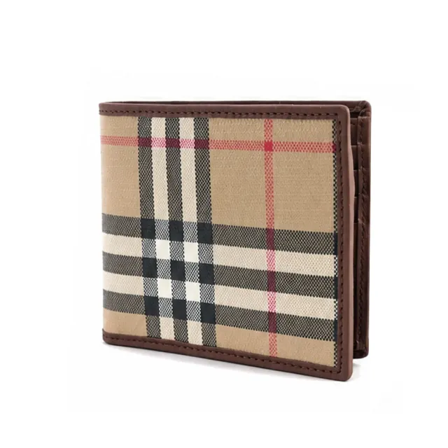 【BURBERRY 巴寶莉】經典格紋零錢帆布對開短夾(典藏米色)