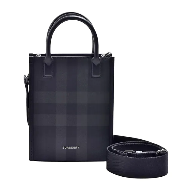 【BURBERRY 巴寶莉】經典Mini Tote帆布牛皮黑灰格紋手提/斜背包(黑灰色)