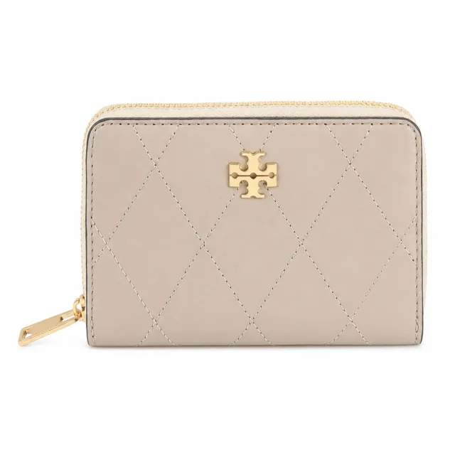 【TORY BURCH】CHARLIE 荔枝紋皮革絎縫拉鍊零錢夾(柔霧米灰)